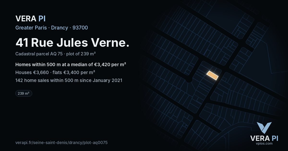 41 Rue Jules Verne, Drancy at night – the plot lit, the parcels around coloured by the prices near them