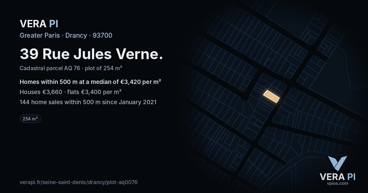 39 Rue Jules Verne, Drancy at night – the plot lit, the parcels around coloured by the prices near them