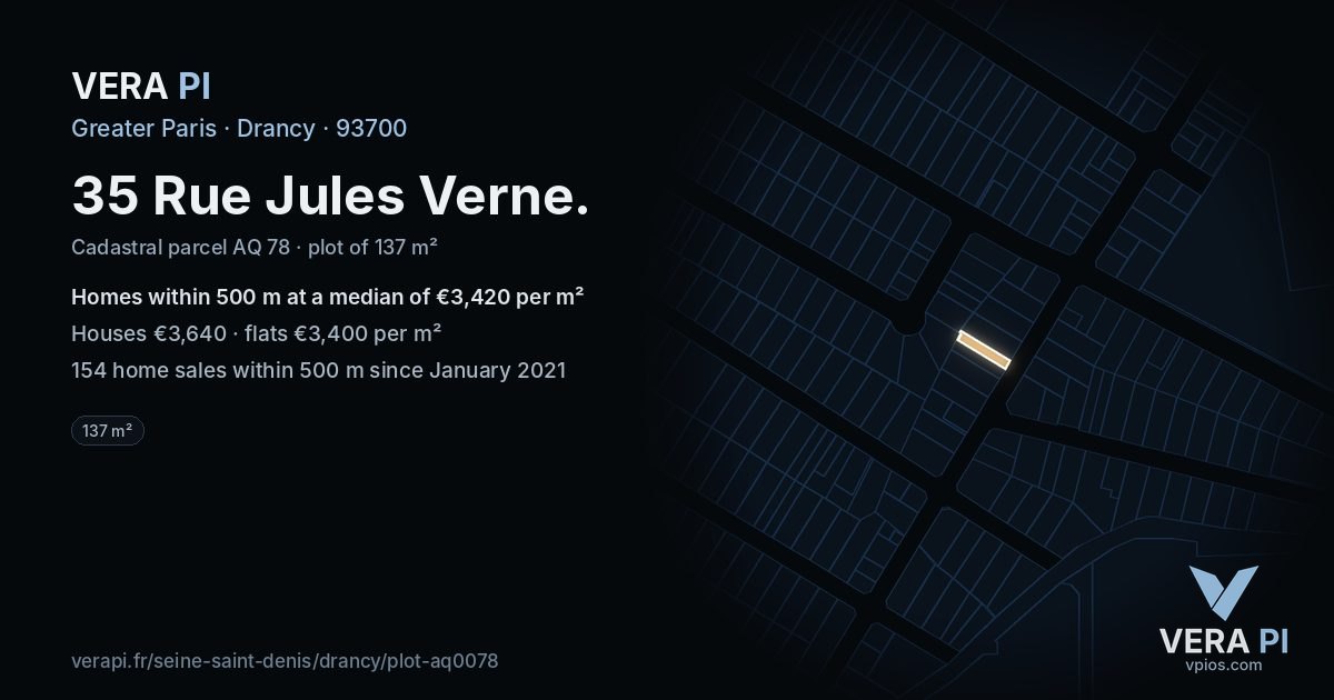 35 Rue Jules Verne, Drancy at night – the plot lit, the parcels around coloured by the prices near them