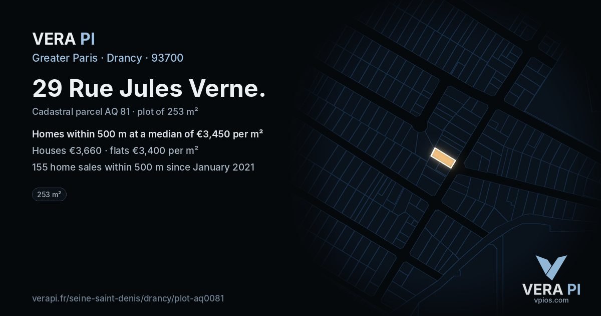 29 Rue Jules Verne, Drancy at night – the plot lit, the parcels around coloured by the prices near them