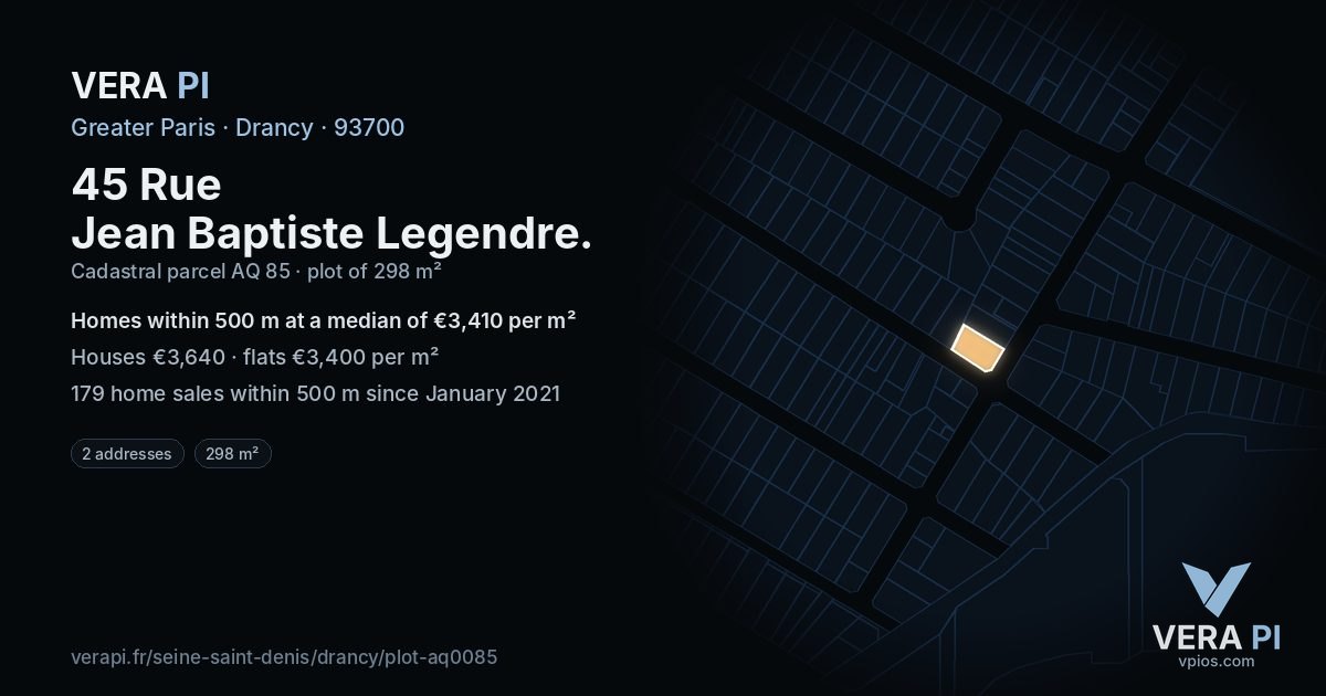 45 Rue Jean Baptiste Legendre, Drancy at night – the plot lit, the parcels around coloured by the prices near them