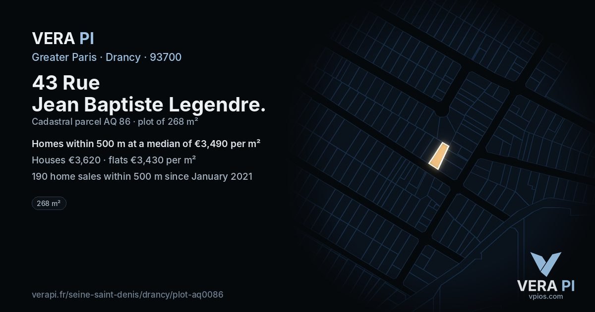 43 Rue Jean Baptiste Legendre, Drancy at night – the plot lit, the parcels around coloured by the prices near them