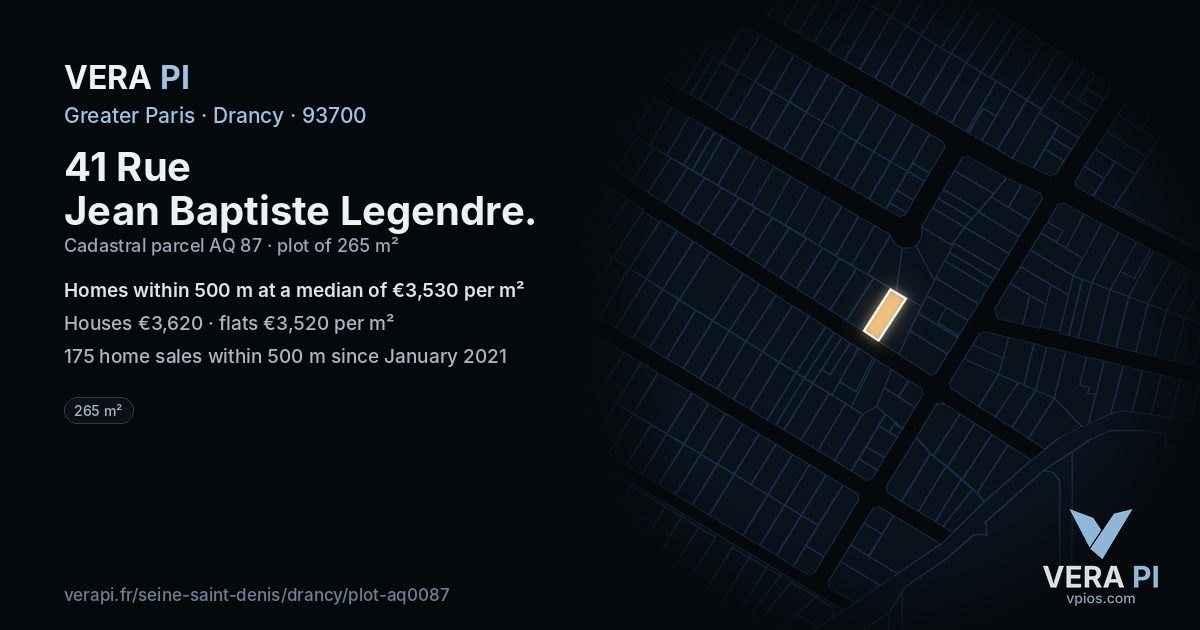 41 Rue Jean Baptiste Legendre, Drancy at night – the plot lit, the parcels around coloured by the prices near them
