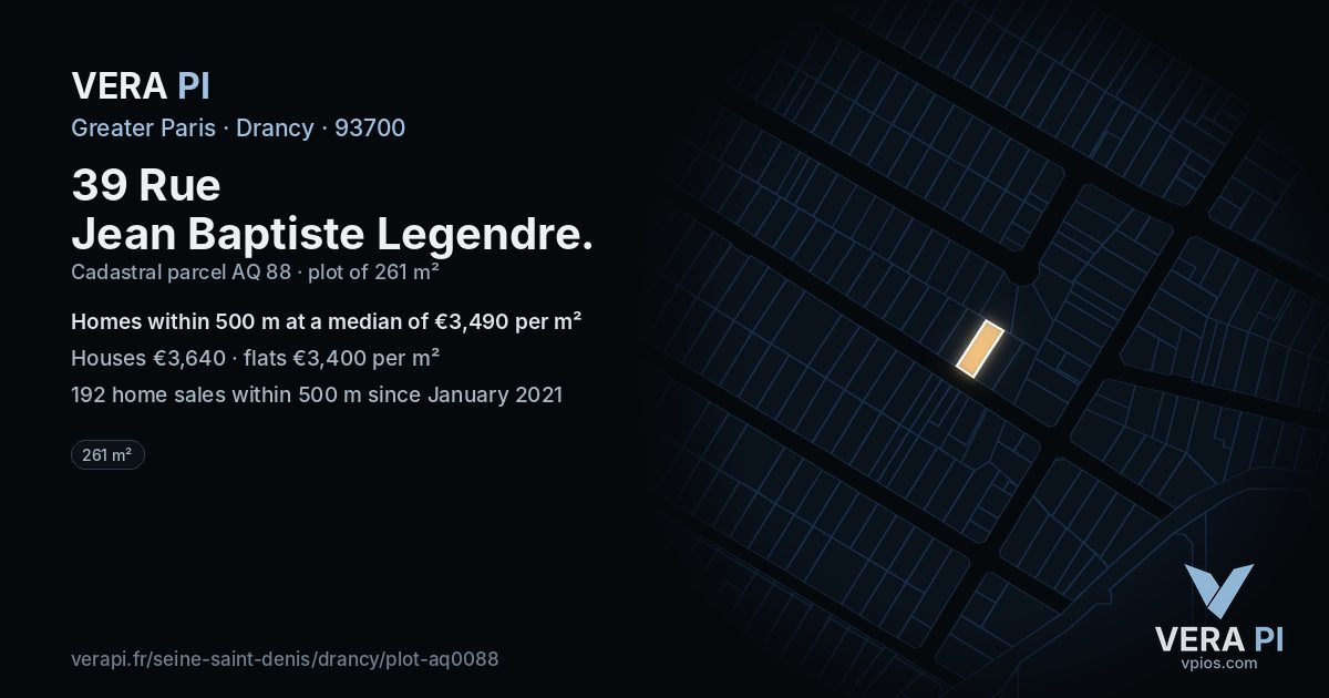 39 Rue Jean Baptiste Legendre, Drancy at night – the plot lit, the parcels around coloured by the prices near them