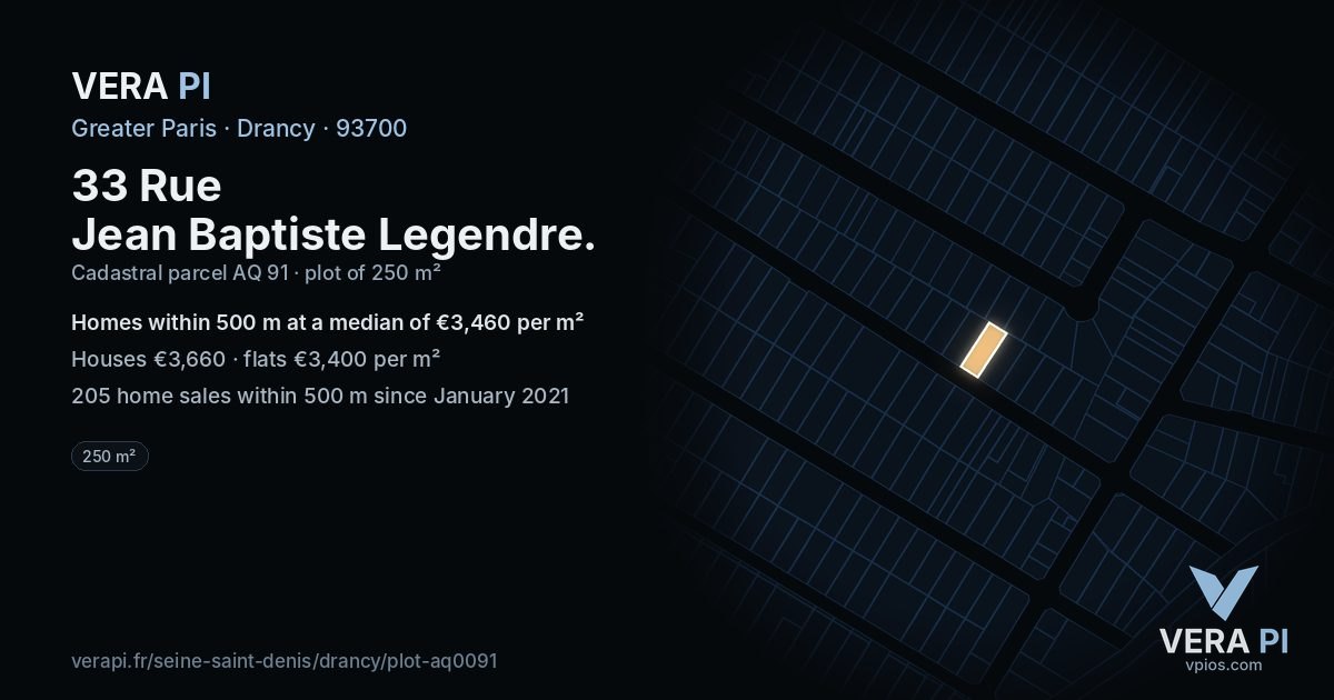 33 Rue Jean Baptiste Legendre, Drancy at night – the plot lit, the parcels around coloured by the prices near them
