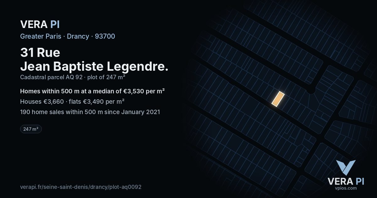 31 Rue Jean Baptiste Legendre, Drancy at night – the plot lit, the parcels around coloured by the prices near them