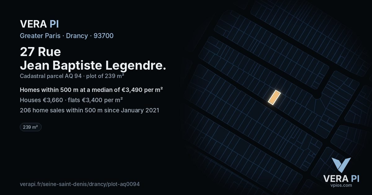 27 Rue Jean Baptiste Legendre, Drancy at night – the plot lit, the parcels around coloured by the prices near them