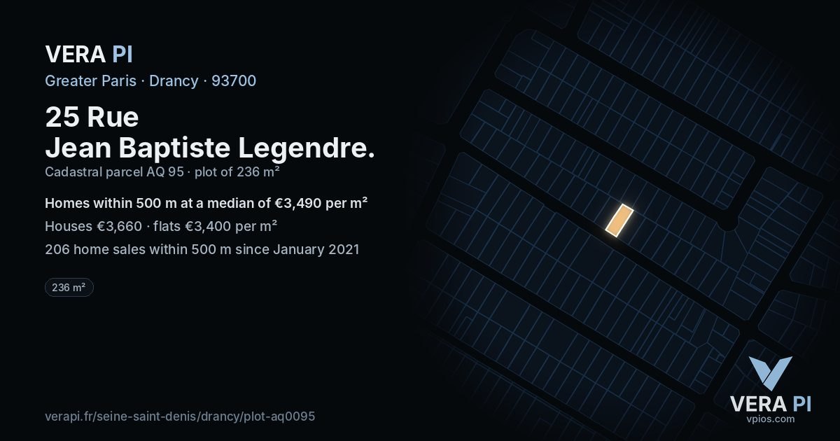 25 Rue Jean Baptiste Legendre, Drancy at night – the plot lit, the parcels around coloured by the prices near them