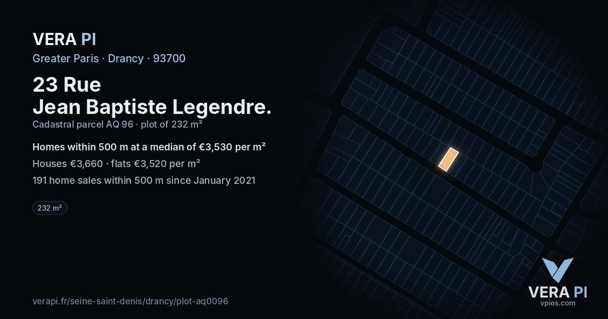 23 Rue Jean Baptiste Legendre, Drancy at night – the plot lit, the parcels around coloured by the prices near them