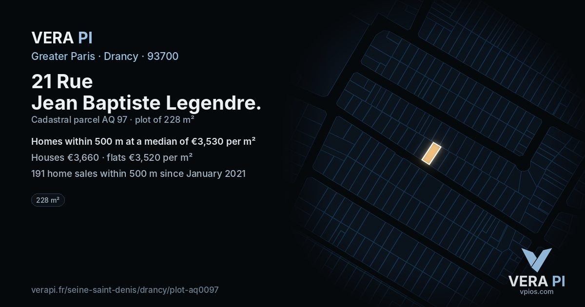 21 Rue Jean Baptiste Legendre, Drancy at night – the plot lit, the parcels around coloured by the prices near them