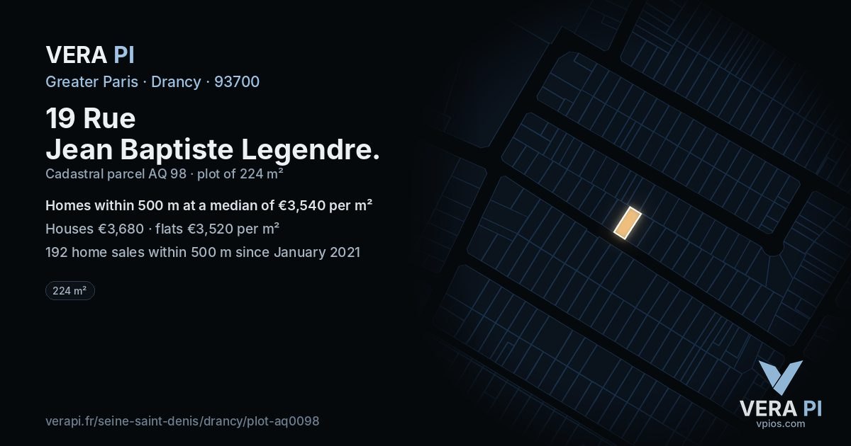 19 Rue Jean Baptiste Legendre, Drancy at night – the plot lit, the parcels around coloured by the prices near them