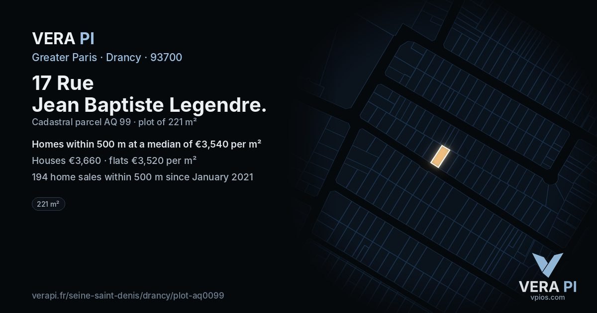 17 Rue Jean Baptiste Legendre, Drancy at night – the plot lit, the parcels around coloured by the prices near them