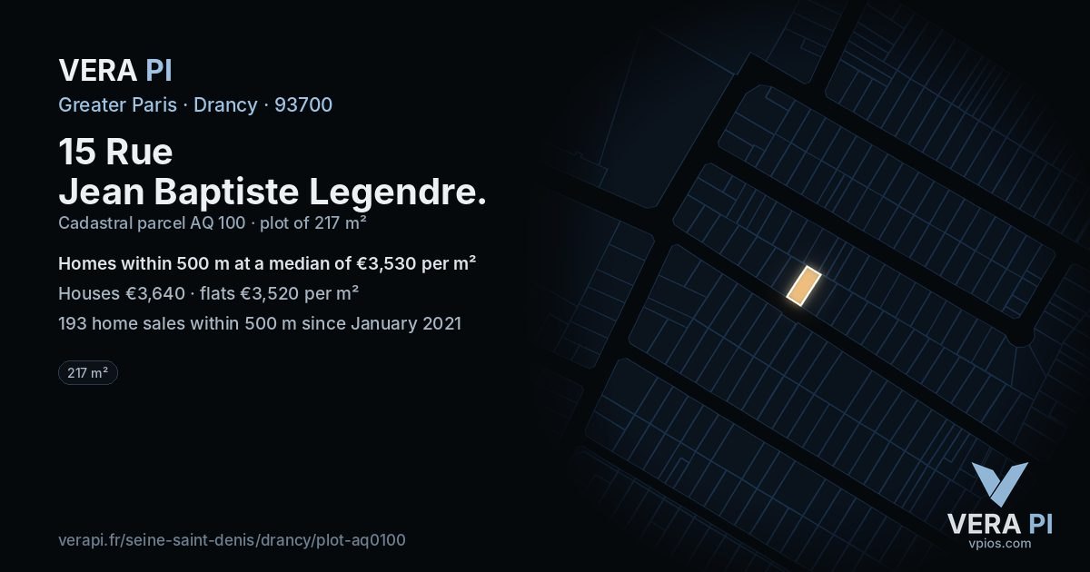 15 Rue Jean Baptiste Legendre, Drancy at night – the plot lit, the parcels around coloured by the prices near them