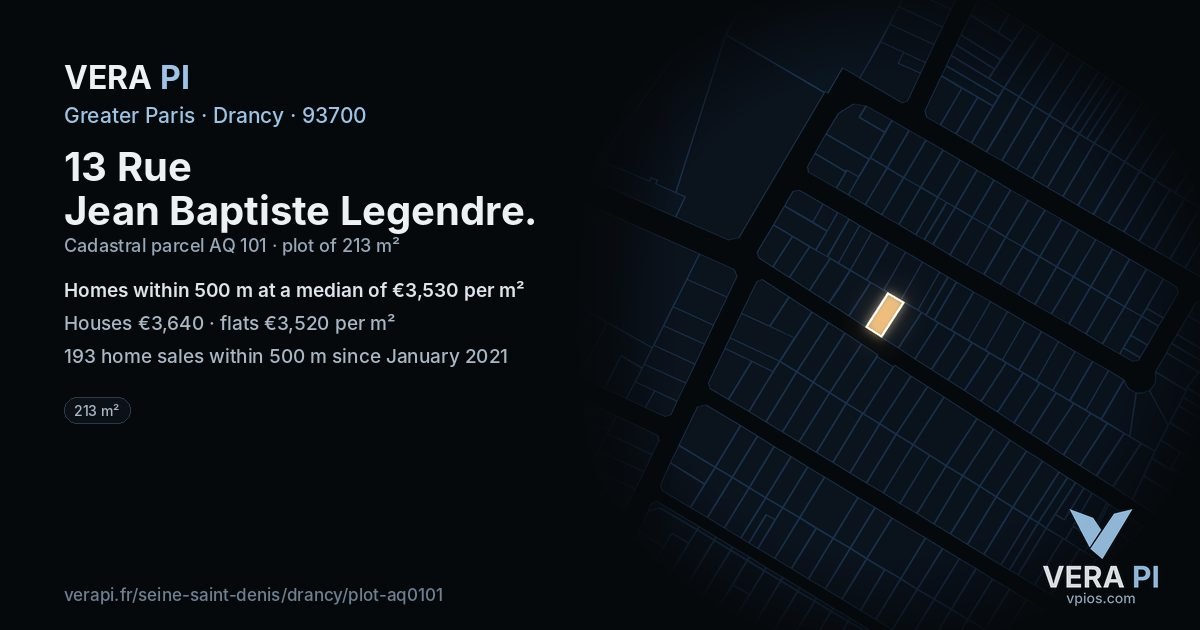 13 Rue Jean Baptiste Legendre, Drancy at night – the plot lit, the parcels around coloured by the prices near them