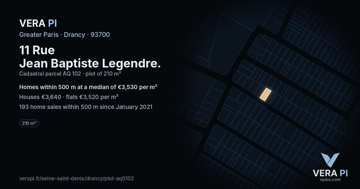 11 Rue Jean Baptiste Legendre, Drancy at night – the plot lit, the parcels around coloured by the prices near them