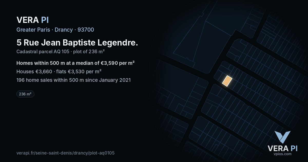 5 Rue Jean Baptiste Legendre, Drancy at night – the plot lit, the parcels around coloured by the prices near them