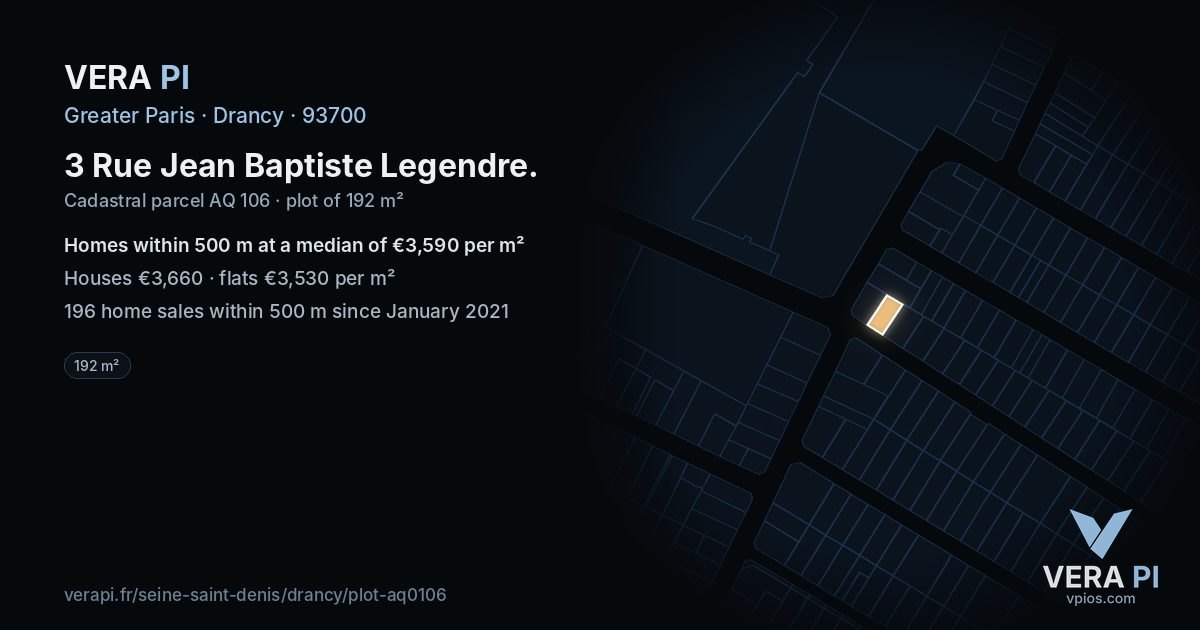 3 Rue Jean Baptiste Legendre, Drancy at night – the plot lit, the parcels around coloured by the prices near them