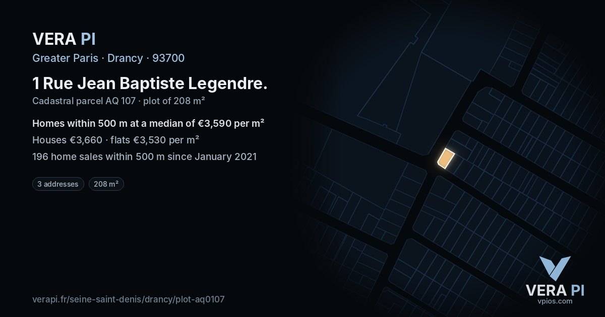 1 Rue Jean Baptiste Legendre, Drancy at night – the plot lit, the parcels around coloured by the prices near them