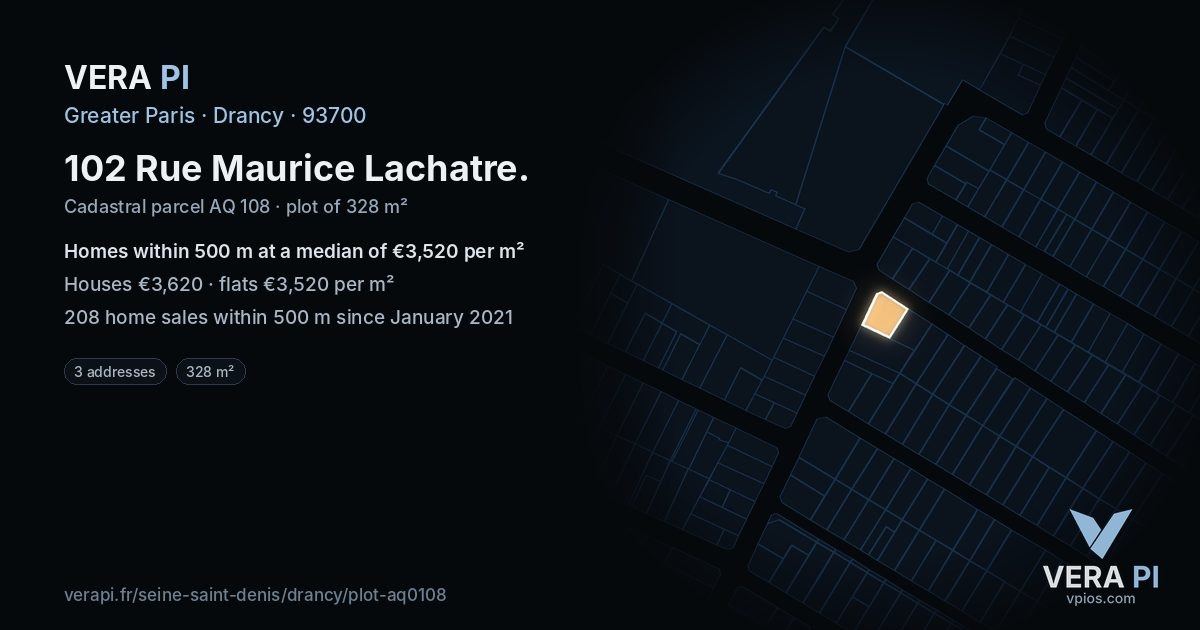 102 Rue Maurice Lachatre, Drancy at night – the plot lit, the parcels around coloured by the prices near them