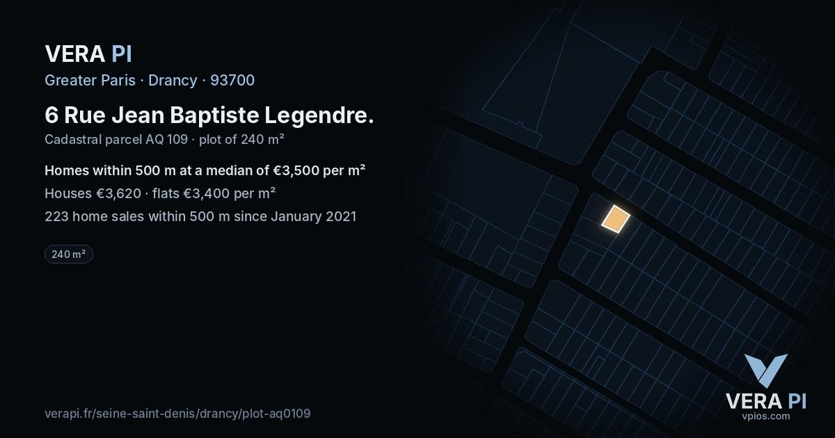 6 Rue Jean Baptiste Legendre, Drancy at night – the plot lit, the parcels around coloured by the prices near them
