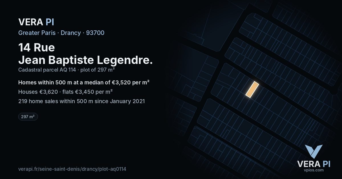 14 Rue Jean Baptiste Legendre, Drancy at night – the plot lit, the parcels around coloured by the prices near them