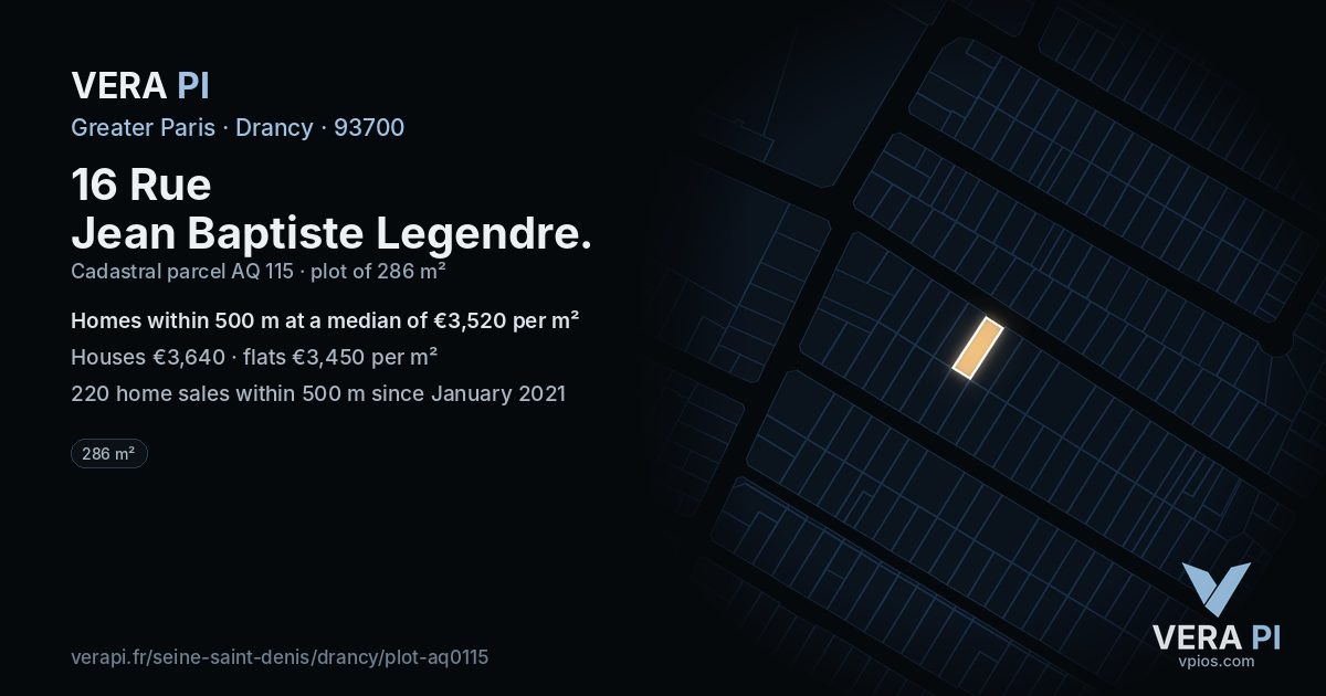 16 Rue Jean Baptiste Legendre, Drancy at night – the plot lit, the parcels around coloured by the prices near them