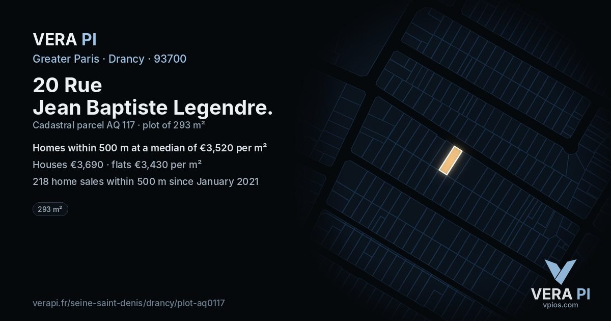 20 Rue Jean Baptiste Legendre, Drancy at night – the plot lit, the parcels around coloured by the prices near them