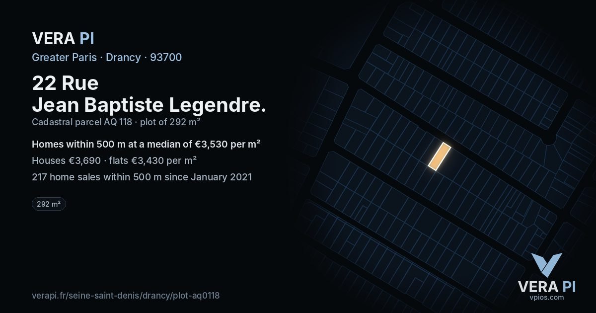 22 Rue Jean Baptiste Legendre, Drancy at night – the plot lit, the parcels around coloured by the prices near them