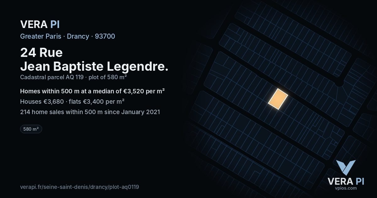 24 Rue Jean Baptiste Legendre, Drancy at night – the plot lit, the parcels around coloured by the prices near them