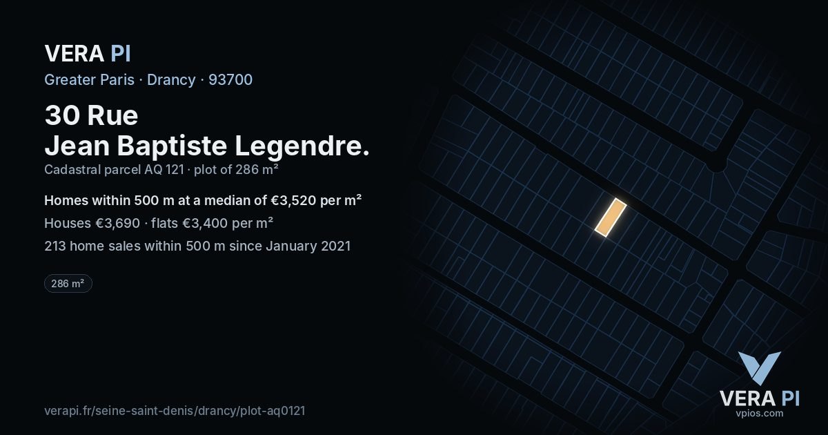 30 Rue Jean Baptiste Legendre, Drancy at night – the plot lit, the parcels around coloured by the prices near them