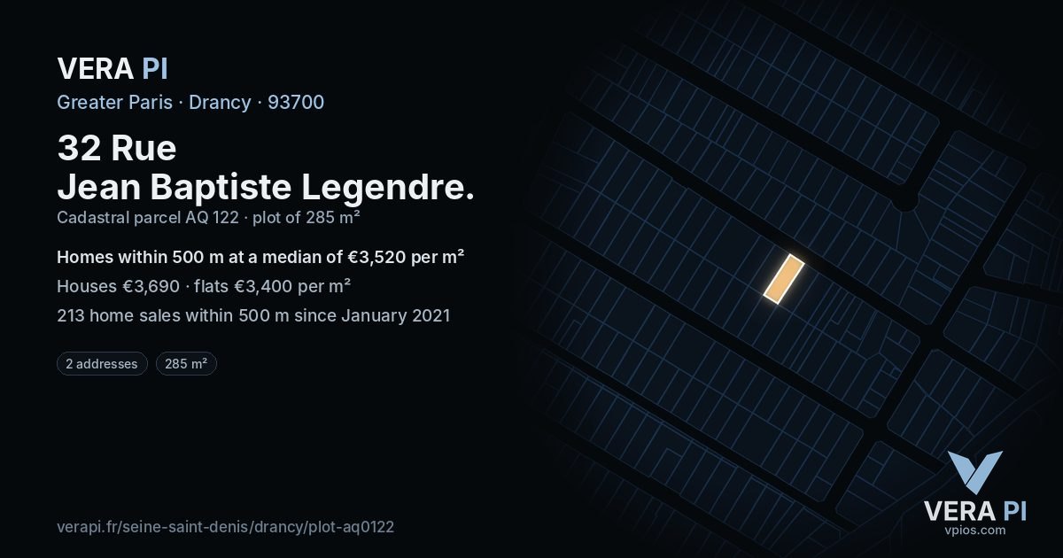 32 Rue Jean Baptiste Legendre, Drancy at night – the plot lit, the parcels around coloured by the prices near them