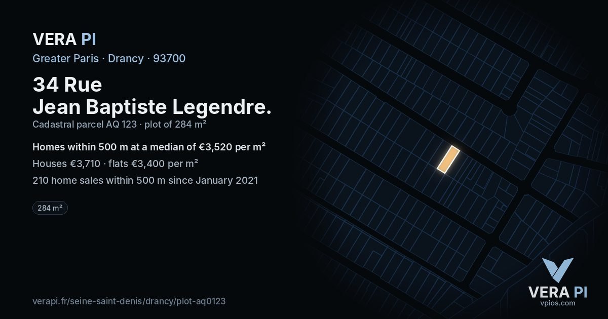 34 Rue Jean Baptiste Legendre, Drancy at night – the plot lit, the parcels around coloured by the prices near them