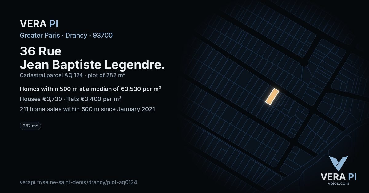 36 Rue Jean Baptiste Legendre, Drancy at night – the plot lit, the parcels around coloured by the prices near them
