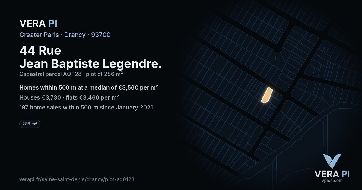 44 Rue Jean Baptiste Legendre, Drancy at night – the plot lit, the parcels around coloured by the prices near them