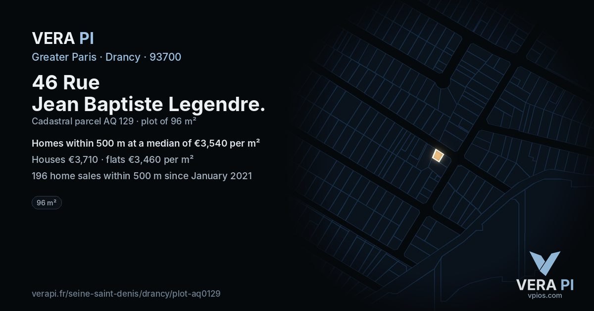 46 Rue Jean Baptiste Legendre, Drancy at night – the plot lit, the parcels around coloured by the prices near them