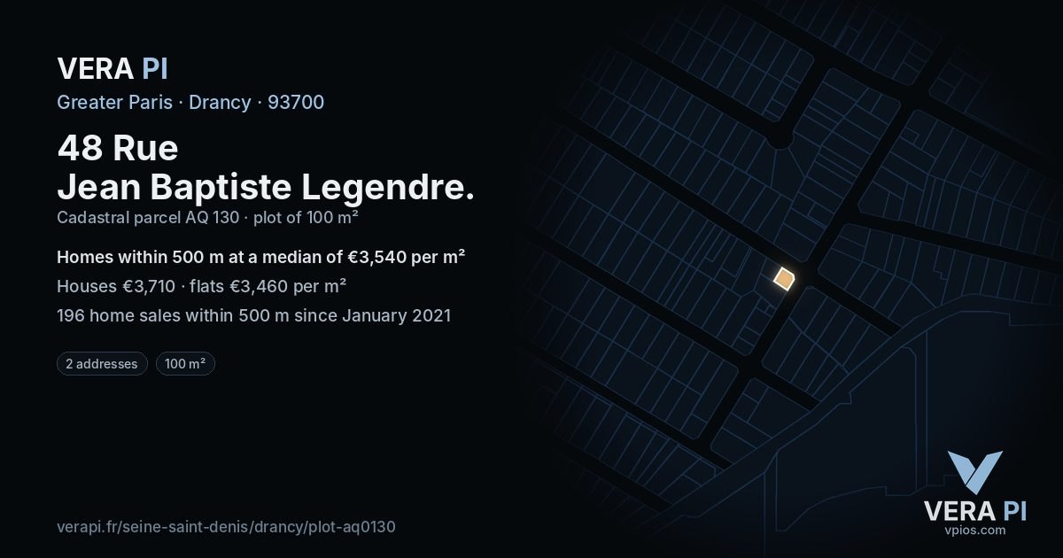 48 Rue Jean Baptiste Legendre, Drancy at night – the plot lit, the parcels around coloured by the prices near them