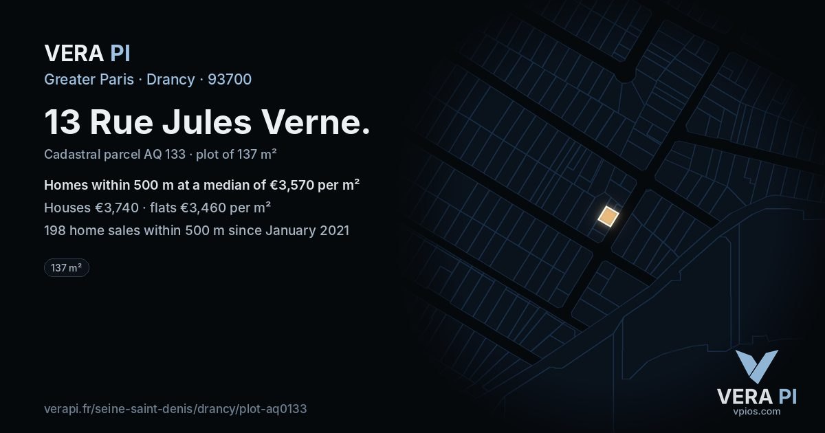 13 Rue Jules Verne, Drancy at night – the plot lit, the parcels around coloured by the prices near them