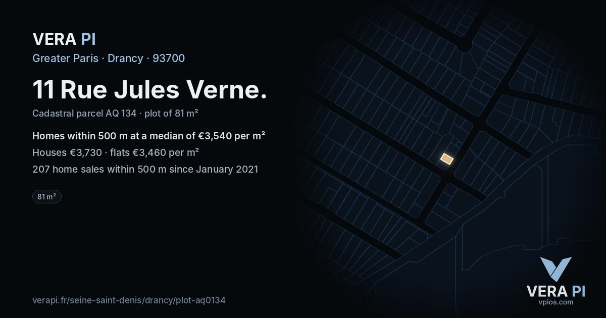 11 Rue Jules Verne, Drancy at night – the plot lit, the parcels around coloured by the prices near them