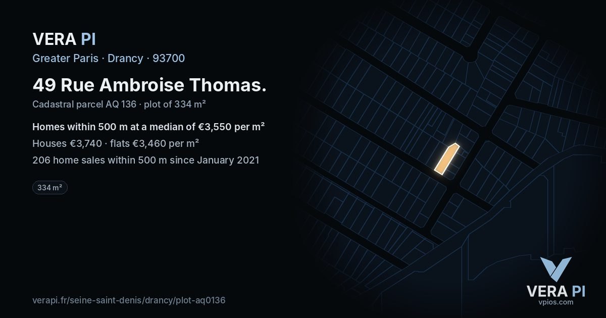 49 Rue Ambroise Thomas, Drancy at night – the plot lit, the parcels around coloured by the prices near them
