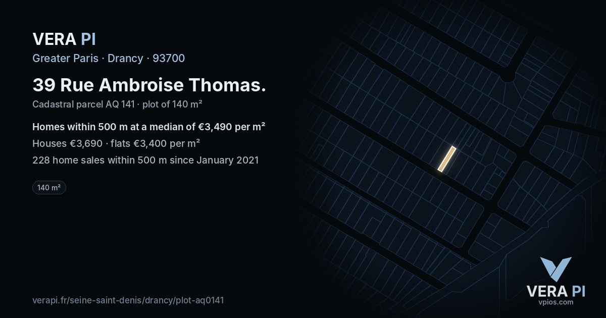 39 Rue Ambroise Thomas, Drancy at night – the plot lit, the parcels around coloured by the prices near them