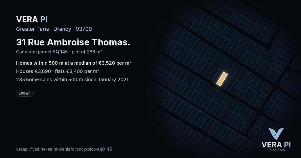 31 Rue Ambroise Thomas, Drancy at night – the plot lit, the parcels around coloured by the prices near them