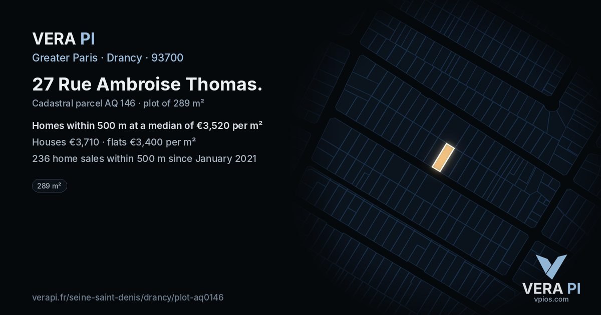 27 Rue Ambroise Thomas, Drancy at night – the plot lit, the parcels around coloured by the prices near them