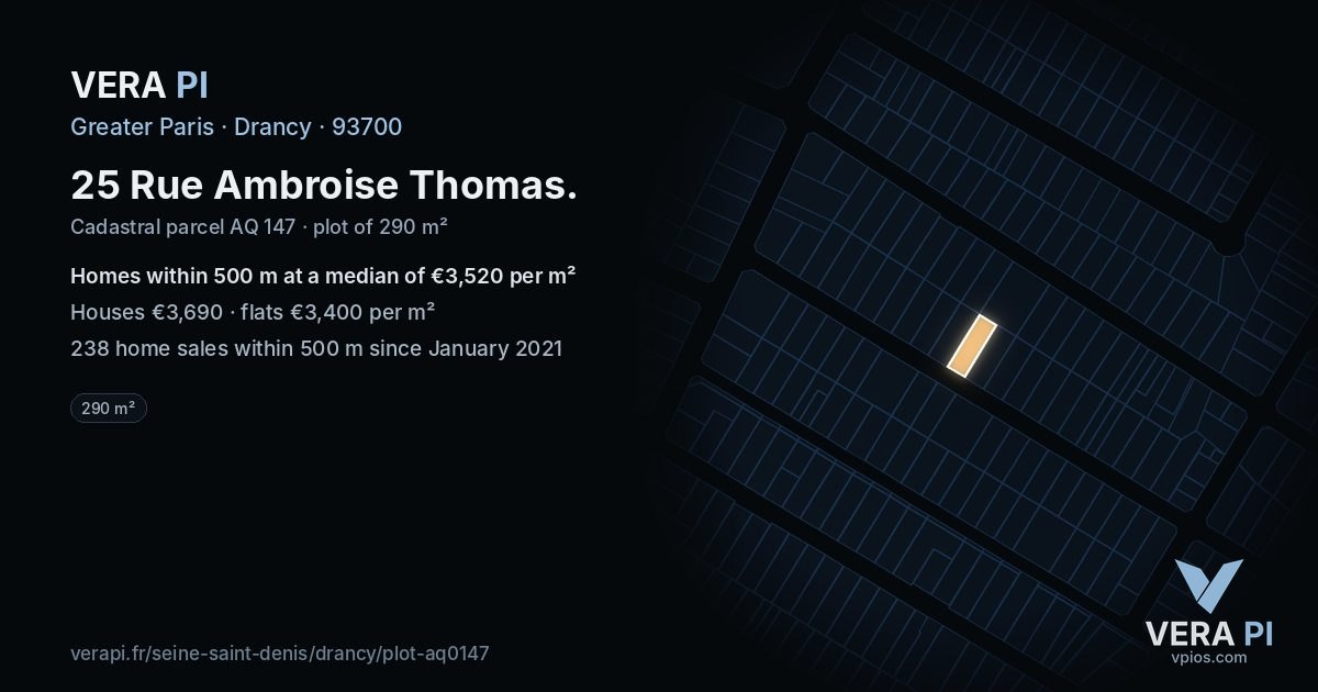 25 Rue Ambroise Thomas, Drancy at night – the plot lit, the parcels around coloured by the prices near them