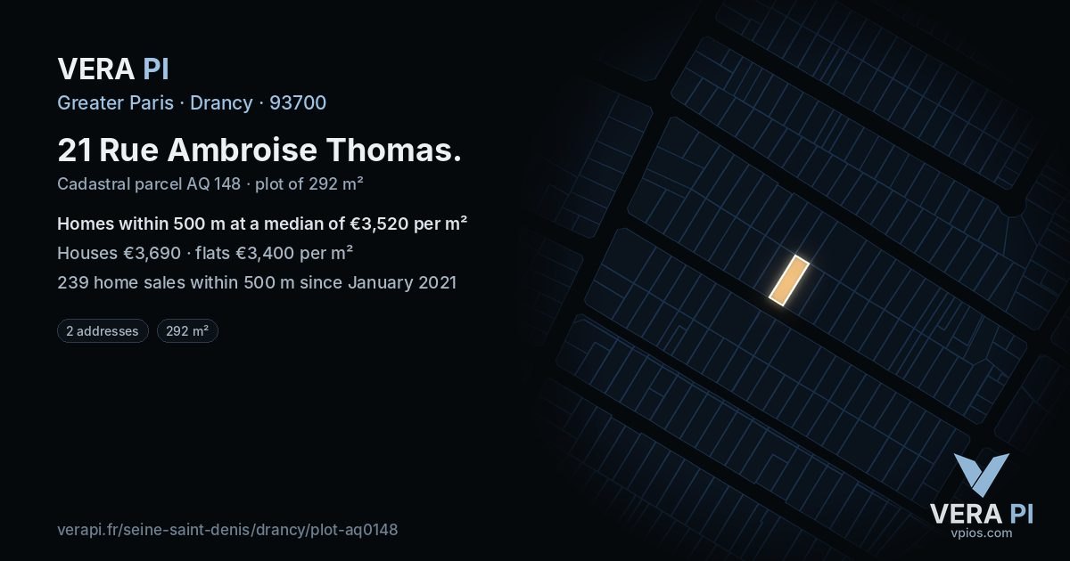 21 Rue Ambroise Thomas, Drancy at night – the plot lit, the parcels around coloured by the prices near them
