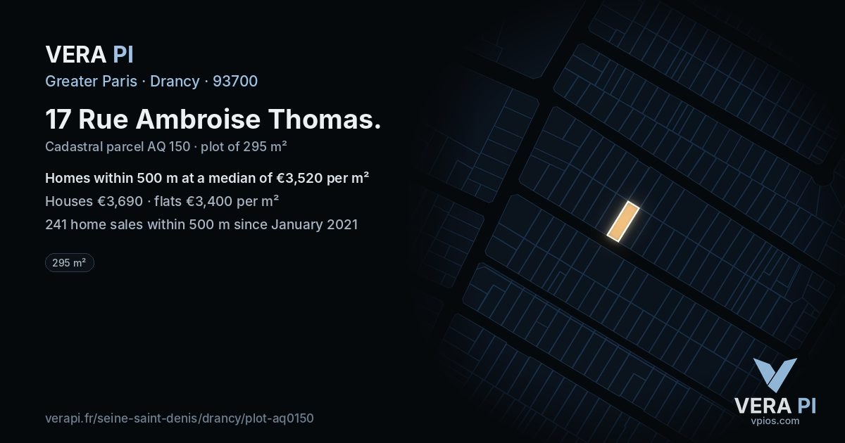 17 Rue Ambroise Thomas, Drancy at night – the plot lit, the parcels around coloured by the prices near them