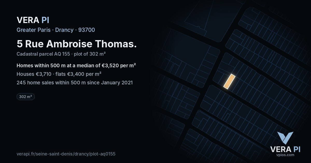 5 Rue Ambroise Thomas, Drancy at night – the plot lit, the parcels around coloured by the prices near them