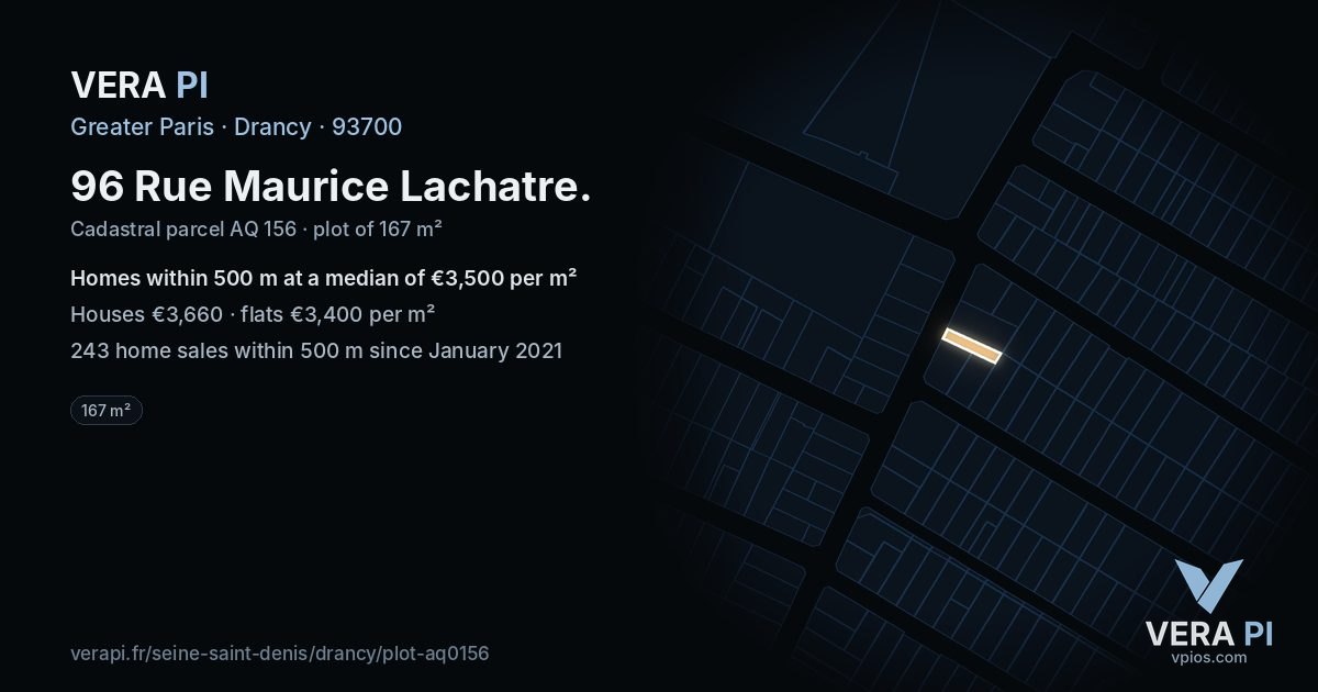 96 Rue Maurice Lachatre, Drancy at night – the plot lit, the parcels around coloured by the prices near them