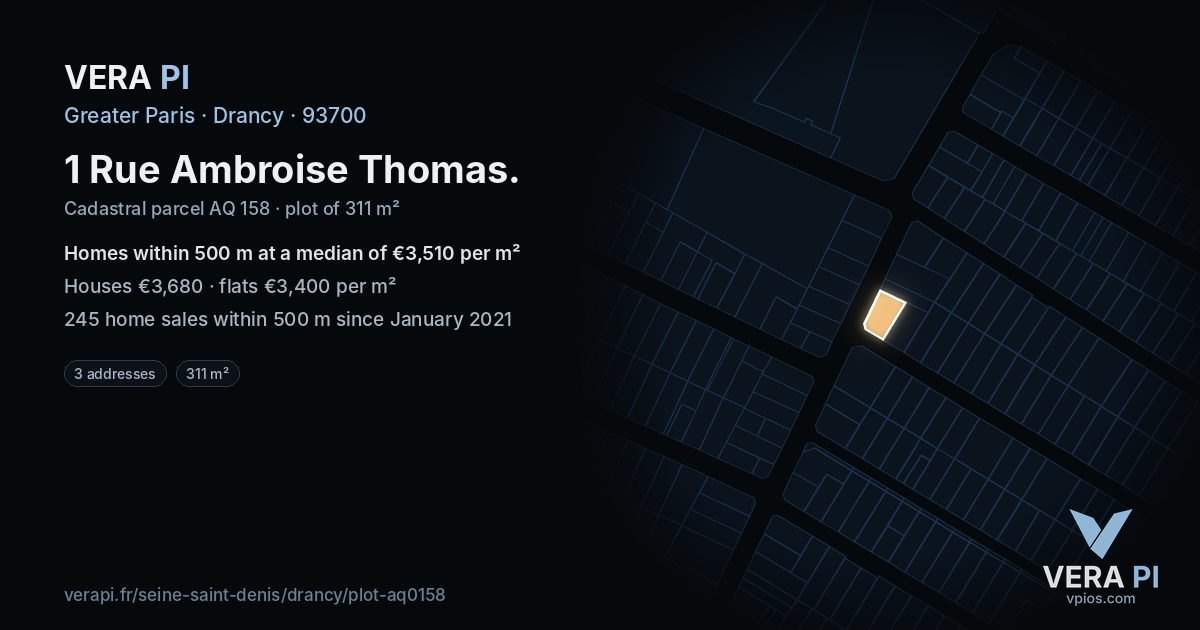 1 Rue Ambroise Thomas, Drancy at night – the plot lit, the parcels around coloured by the prices near them