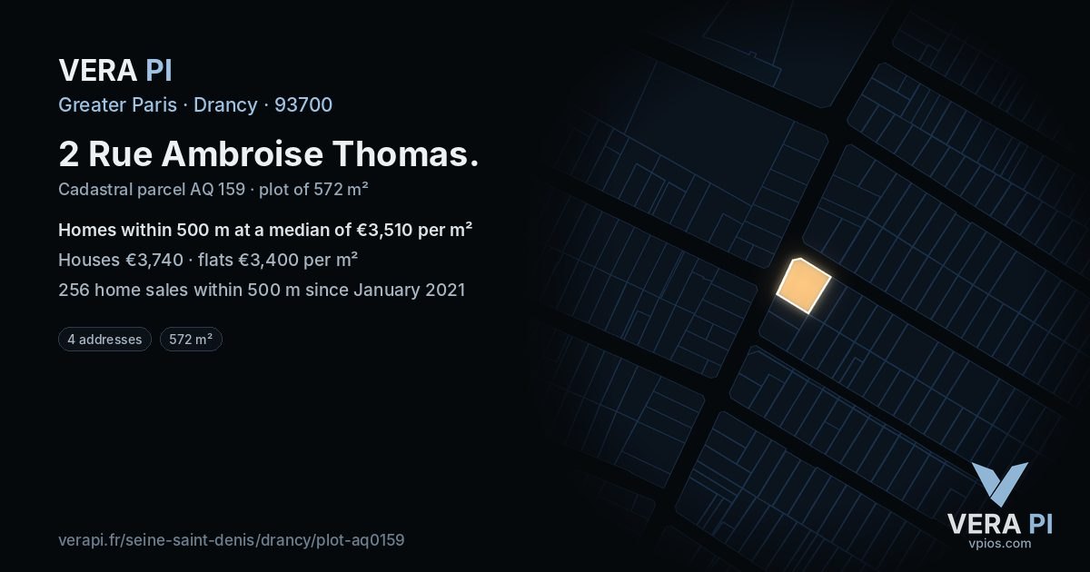 2 Rue Ambroise Thomas, Drancy at night – the plot lit, the parcels around coloured by the prices near them