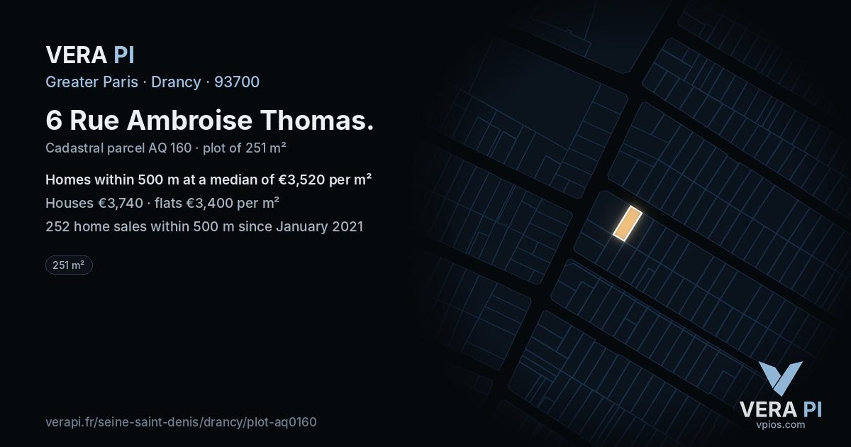 6 Rue Ambroise Thomas, Drancy at night – the plot lit, the parcels around coloured by the prices near them